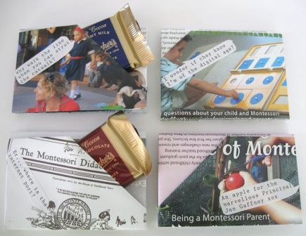 Name place settings made from the publication, Montessori Voices with text embellished on them for a bit of fun